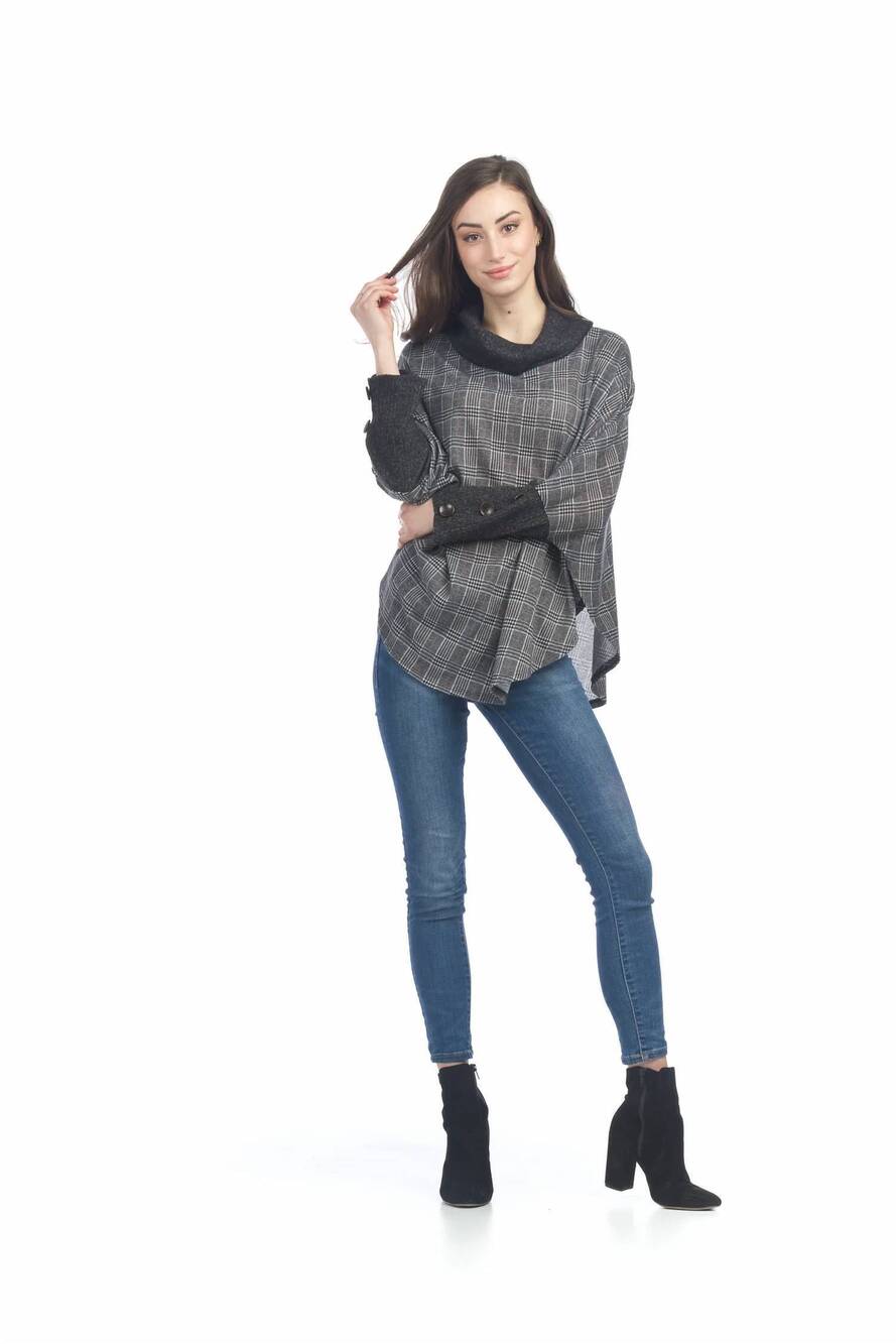 NEW PAPILLON soft plaid cowl neck poncho in grey